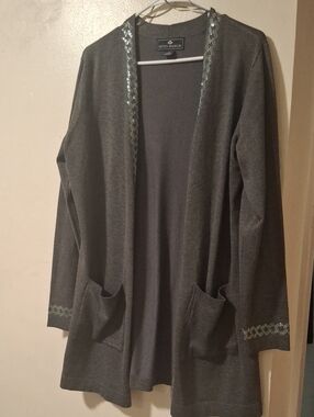 Women's Charcoal Open-Front Cardigan with Metallic Trim